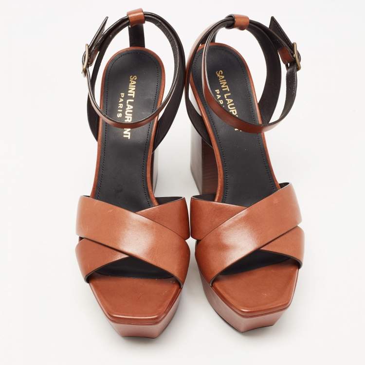 Pre Owned Saint Laurent Paris Brown Leather Farrah Criss- Cross Platform Ankle Strap Sandals Size 37