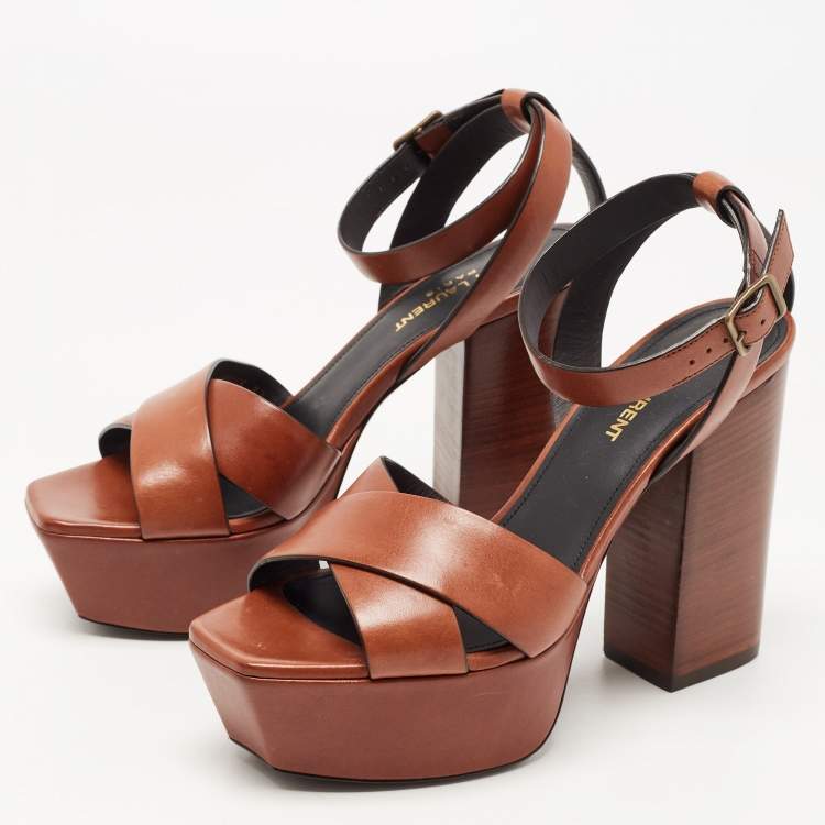 Pre Owned Saint Laurent Paris Brown Leather Farrah Criss- Cross Platform Ankle Strap Sandals Size 37