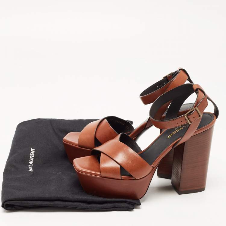 Pre Owned Saint Laurent Paris Brown Leather Farrah Criss- Cross Platform Ankle Strap Sandals Size 37