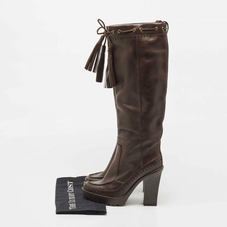 مملوكة مسبقًا Saint Laurent Brown Leather Knee Length Boots Size 38.5