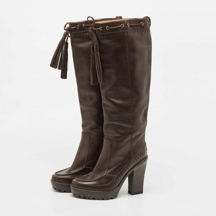 مملوكة مسبقًا Saint Laurent Brown Leather Knee Length Boots Size 38.5
