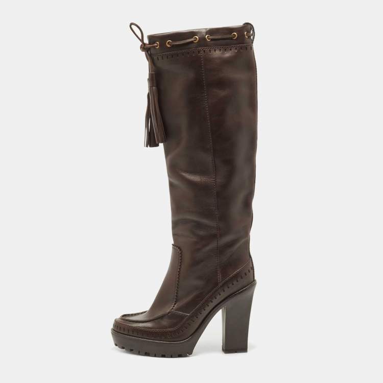 مملوكة مسبقًا Saint Laurent Brown Leather Knee Length Boots Size 38.5