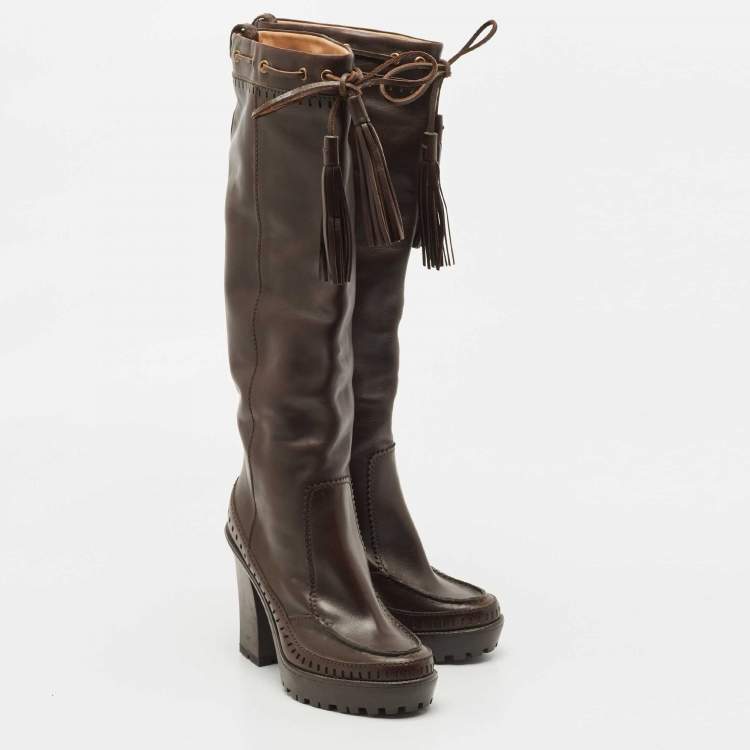 مملوكة مسبقًا Saint Laurent Brown Leather Knee Length Boots Size 38.5