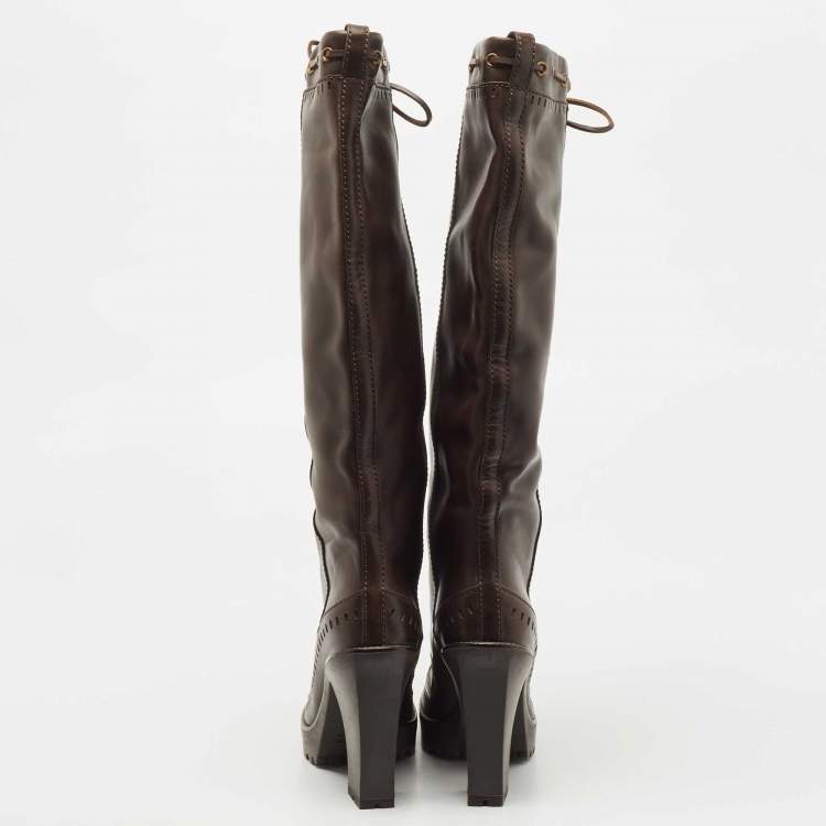 مملوكة مسبقًا Saint Laurent Brown Leather Knee Length Boots Size 38.5