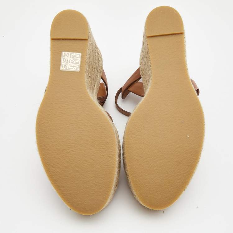 Pre Owned Saint Laurent Paris Tan Leather Tribute Espadrille Platform Wedge Sandals Size 40.5