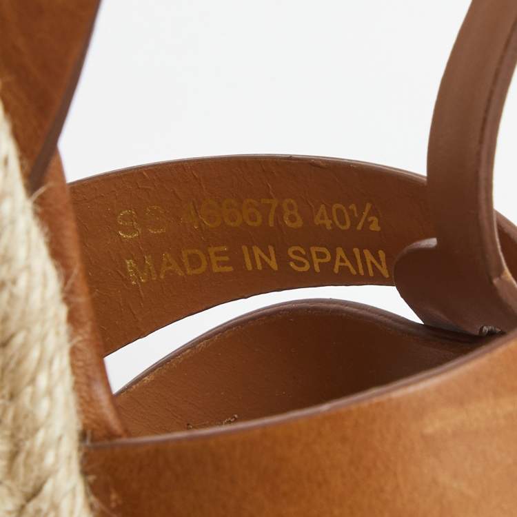 Pre Owned Saint Laurent Paris Tan Leather Tribute Espadrille Platform Wedge Sandals Size 40.5