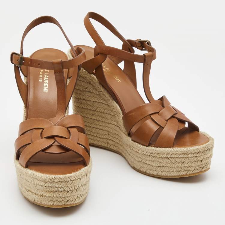 Pre Owned Saint Laurent Paris Tan Leather Tribute Espadrille Platform Wedge Sandals Size 40.5