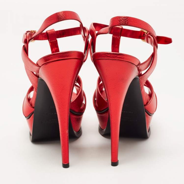 مملوكة مسبقًا Saint Laurent Metallic Red Leather Tribute Sandals Size 39