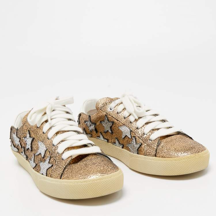 Pre Owned Saint Laurent Gold/Silver Crinkled Leather Court Classic Star Sneakers Size 38