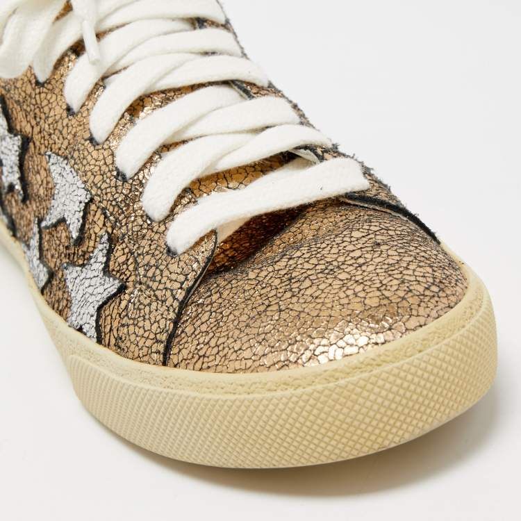 Pre Owned Saint Laurent Gold/Silver Crinkled Leather Court Classic Star Sneakers Size 38