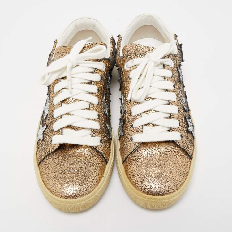Pre Owned Saint Laurent Gold/Silver Crinkled Leather Court Classic Star Sneakers Size 38