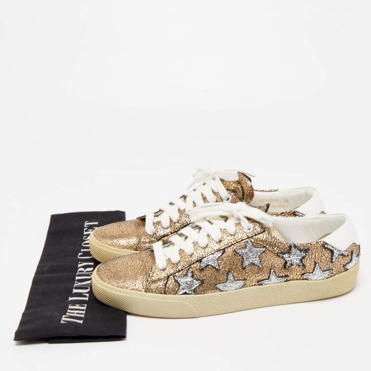 Pre Owned Saint Laurent Gold/Silver Crinkled Leather Court Classic Star Sneakers Size 38