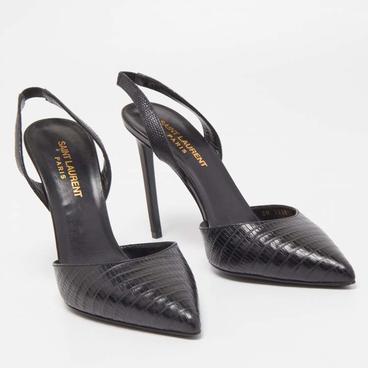 Pre Owned Saint Laurent Black Lizard Embossed Leather Slingback Pumps Size 37.5