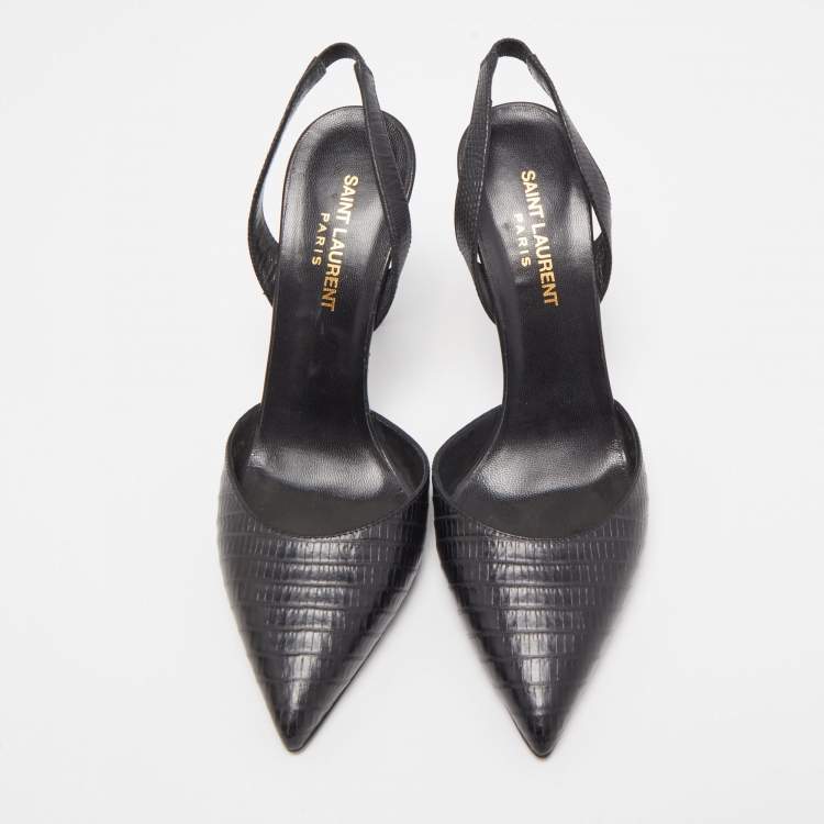 Pre Owned Saint Laurent Black Lizard Embossed Leather Slingback Pumps Size 37.5