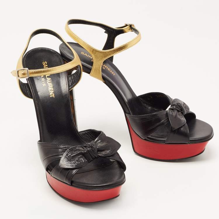 Pre Owned Saint Laurent Black Leather Bow Platform Ankle Strap Sandals Size 39
