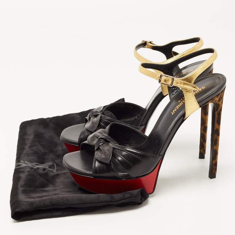 Pre Owned Saint Laurent Black Leather Bow Platform Ankle Strap Sandals Size 39