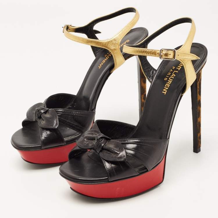 Pre Owned Saint Laurent Black Leather Bow Platform Ankle Strap Sandals Size 39