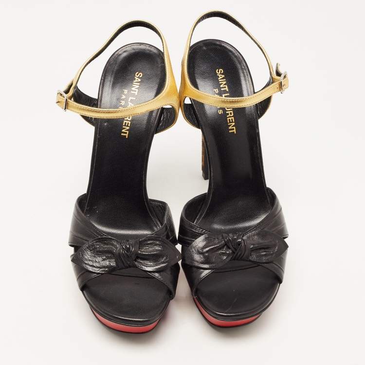 Pre Owned Saint Laurent Black Leather Bow Platform Ankle Strap Sandals Size 39