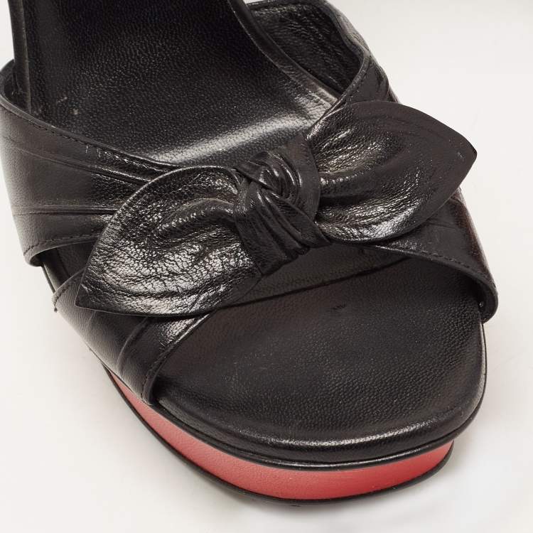 Pre Owned Saint Laurent Black Leather Bow Platform Ankle Strap Sandals Size 39