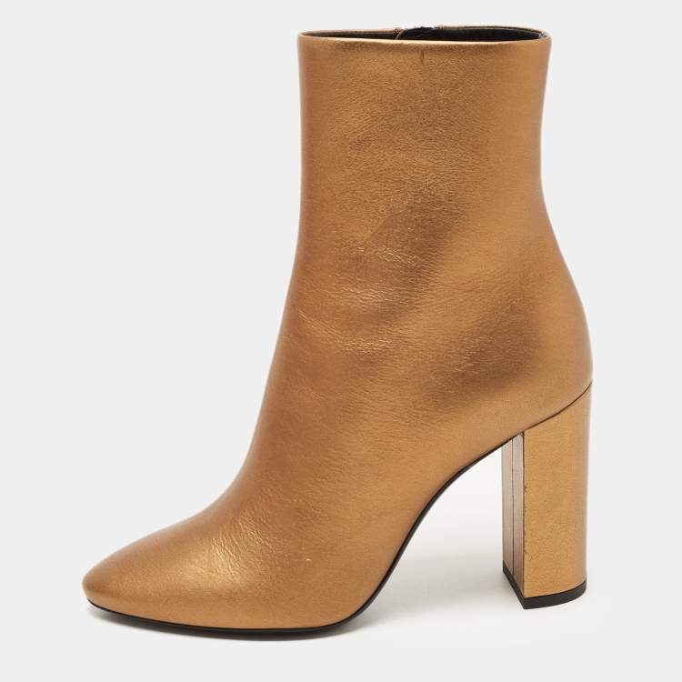 Pre Owned Saint Laurent Gold Leather Ankle Booties Size 37