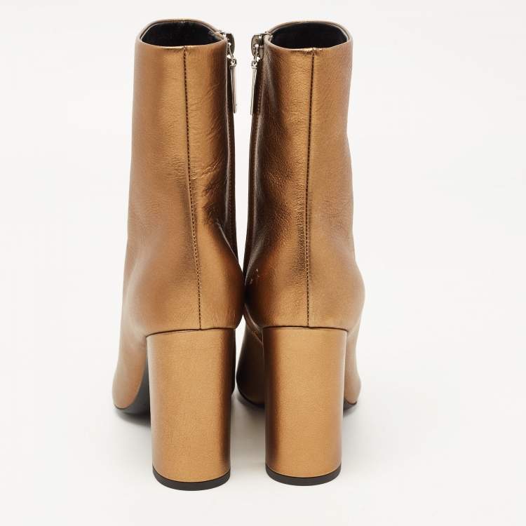 Pre Owned Saint Laurent Gold Leather Ankle Booties Size 37