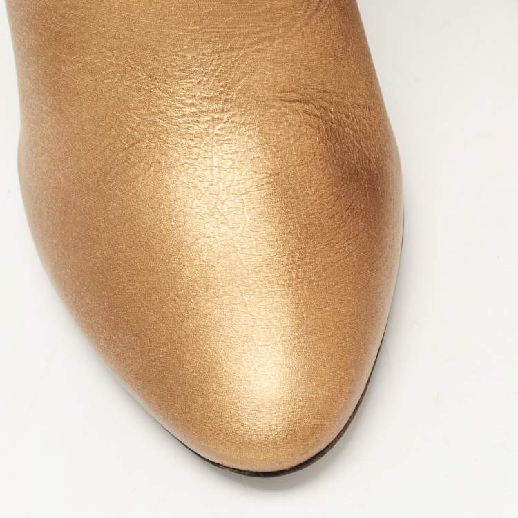 Pre Owned Saint Laurent Gold Leather Ankle Booties Size 37