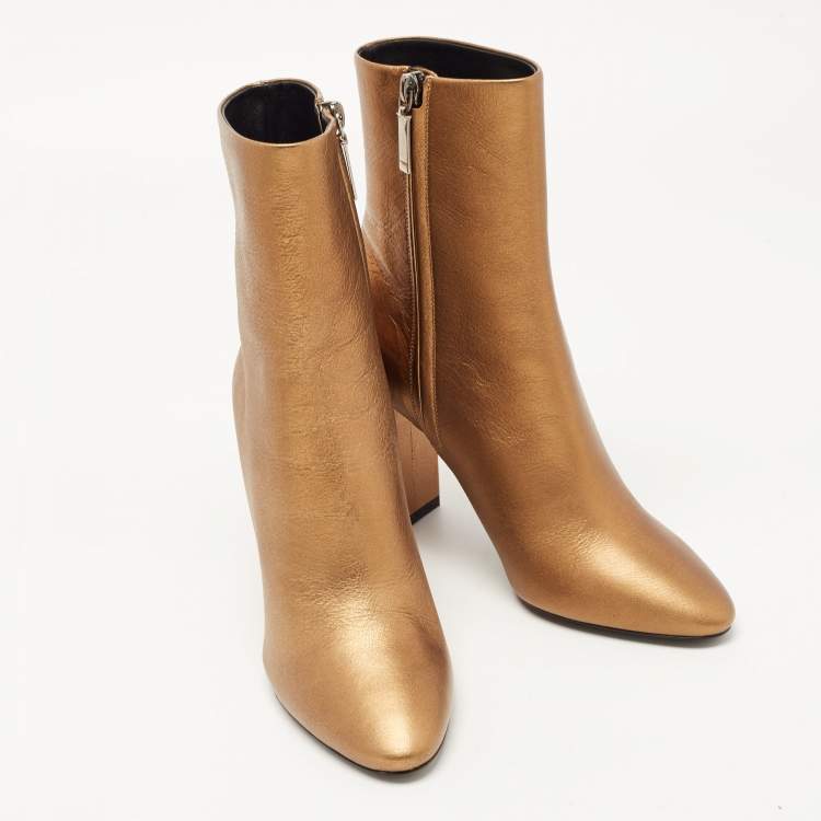 Pre Owned Saint Laurent Gold Leather Ankle Booties Size 37
