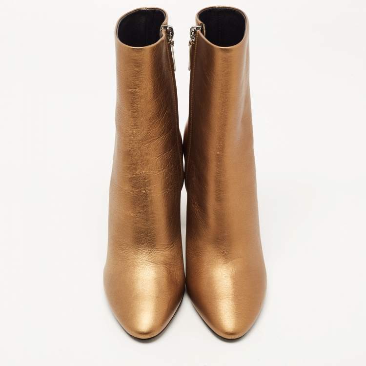 Pre Owned Saint Laurent Gold Leather Ankle Booties Size 37