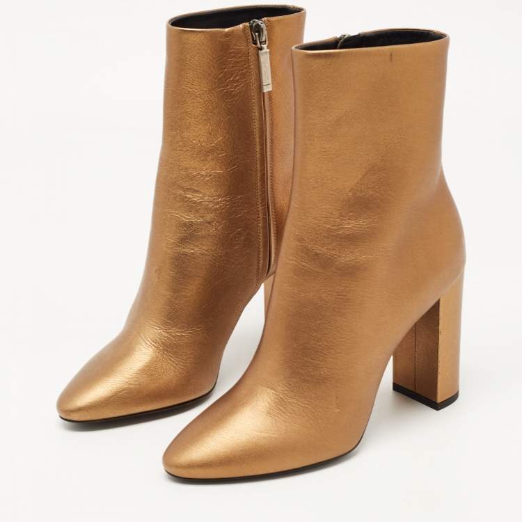 Pre Owned Saint Laurent Gold Leather Ankle Booties Size 37