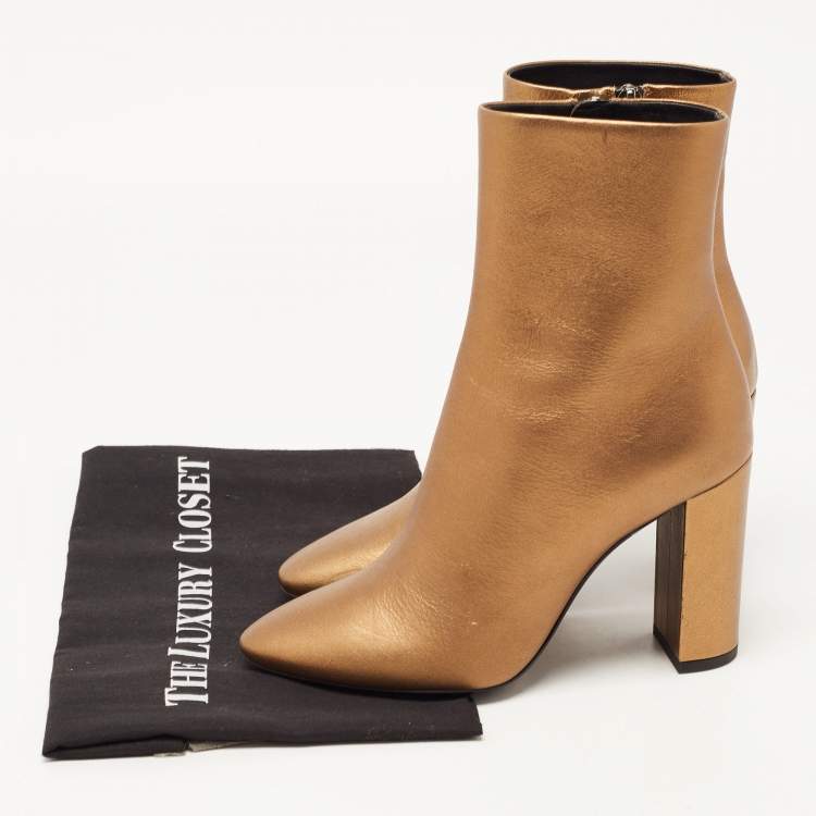 Pre Owned Saint Laurent Gold Leather Ankle Booties Size 37