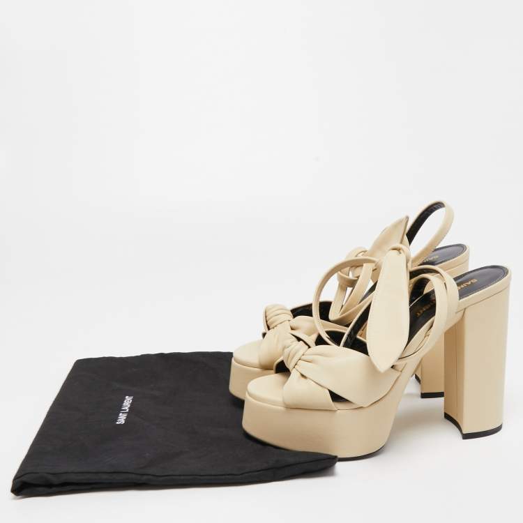 Pre Owned Saint Laurent Cream Leather Bianca Ankle Tie Sandals Size 37.5