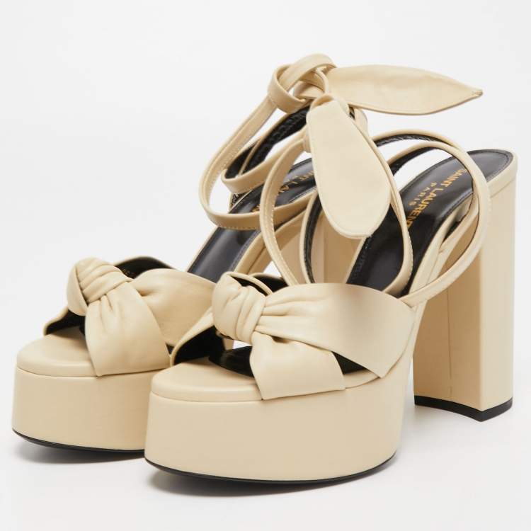 Pre Owned Saint Laurent Cream Leather Bianca Ankle Tie Sandals Size 37.5