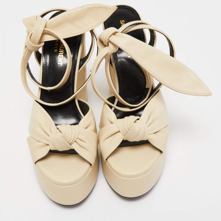 Pre Owned Saint Laurent Cream Leather Bianca Ankle Tie Sandals Size 37.5