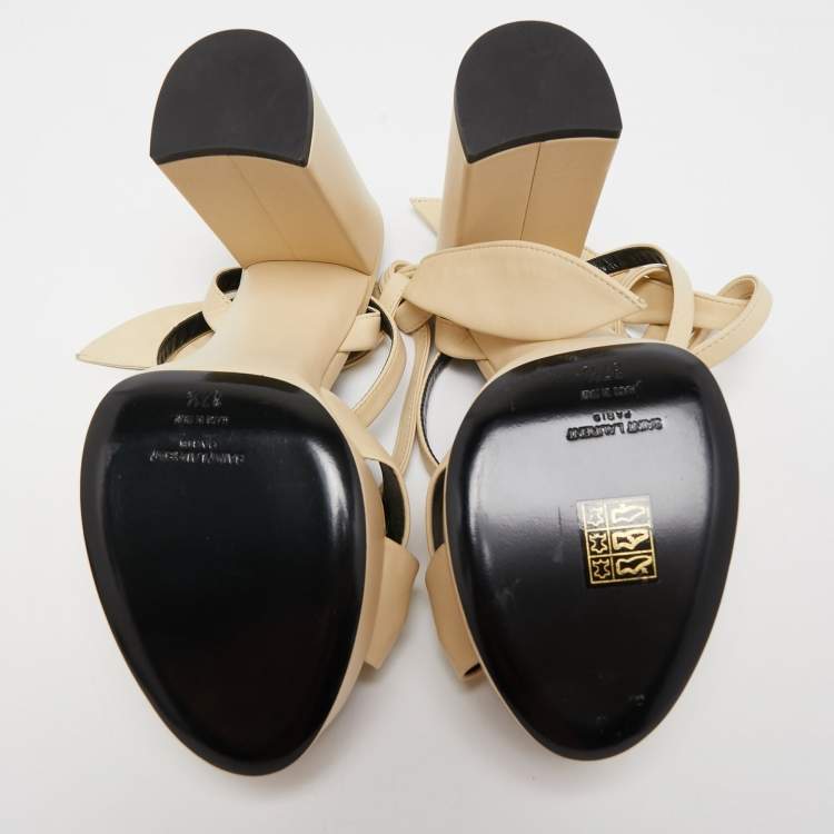 Pre Owned Saint Laurent Cream Leather Bianca Ankle Tie Sandals Size 37.5