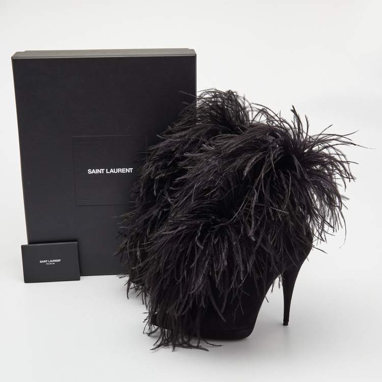 Saint Laurent Black Suede and Feather Zizi Ankle Booties Size 39