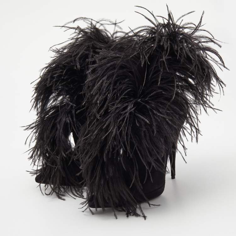Saint Laurent Black Suede and Feather Zizi Ankle Booties Size 39