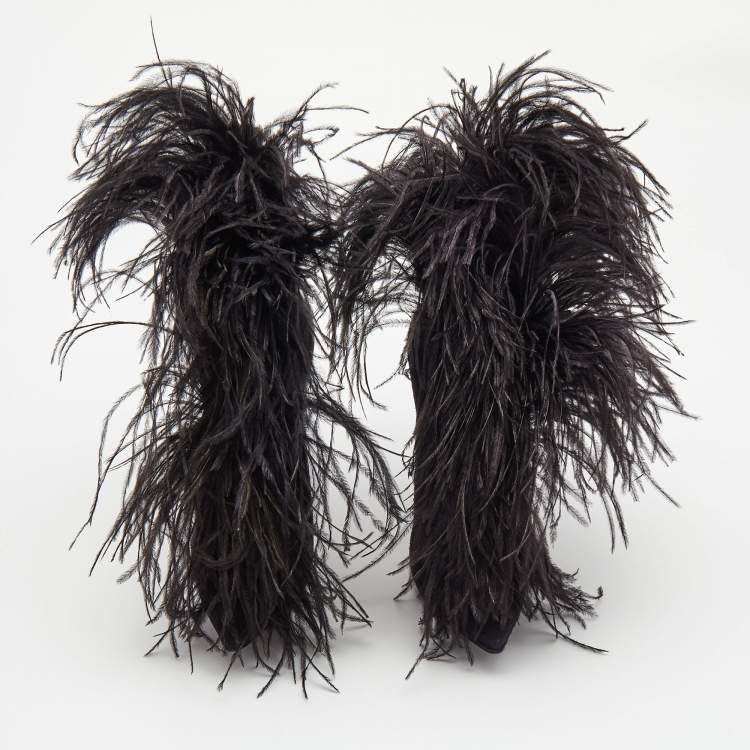 Saint Laurent Black Suede and Feather Zizi Ankle Booties Size 39