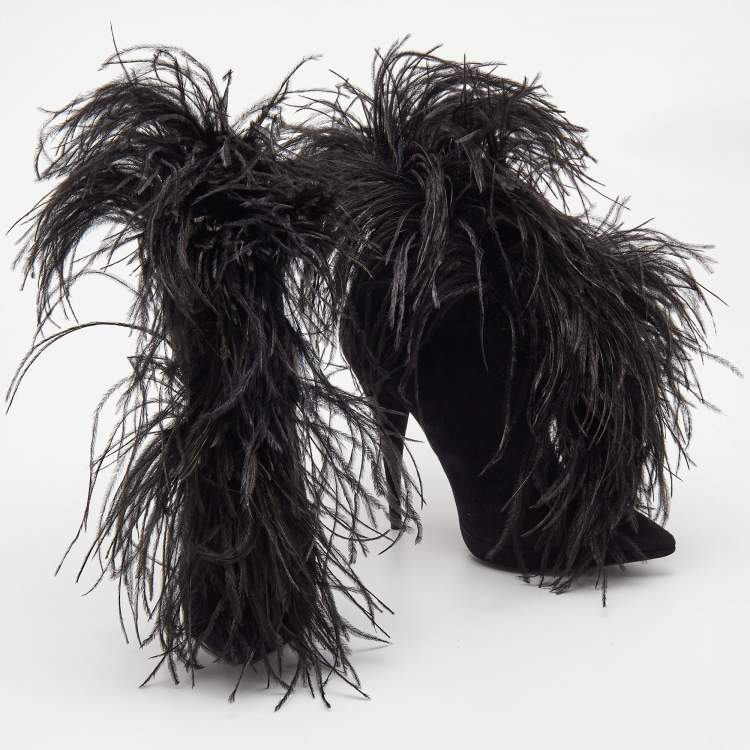 Saint Laurent Black Suede and Feather Zizi Ankle Booties Size 39