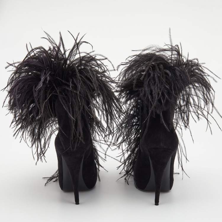 Saint Laurent Black Suede and Feather Zizi Ankle Booties Size 39