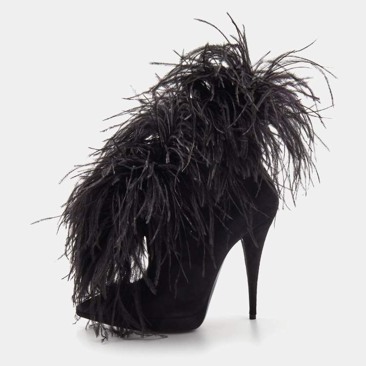 Saint Laurent Black Suede and Feather Zizi Ankle Booties Size 39