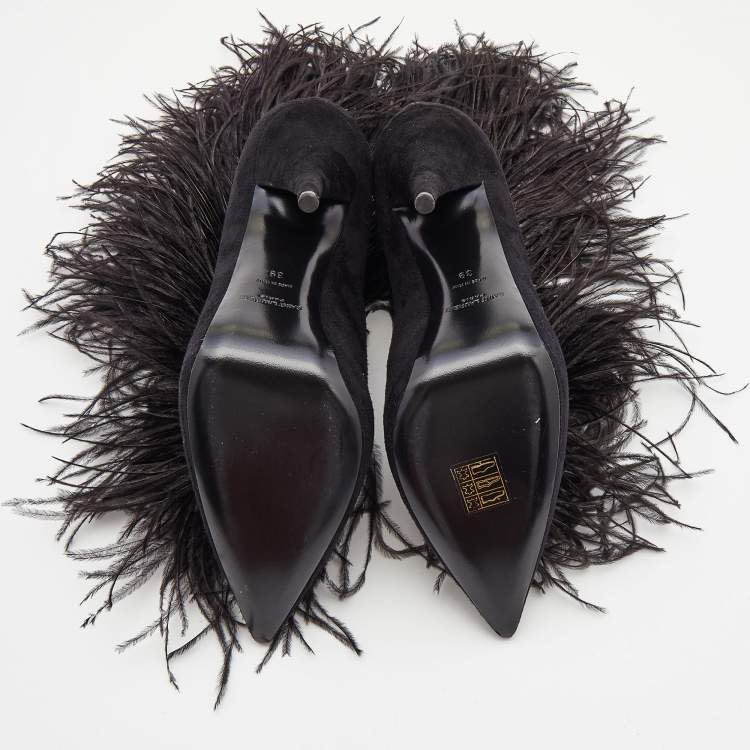 Saint Laurent Black Suede and Feather Zizi Ankle Booties Size 39