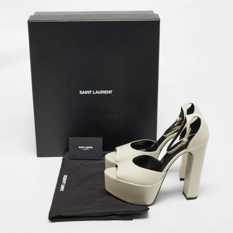 Pre Owned Saint Laurent Paris White Leather Peep Toe Platform Ankle Strap Sandals Size 38.5
