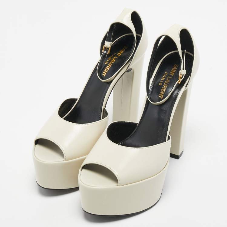 Pre Owned Saint Laurent Paris White Leather Peep Toe Platform Ankle Strap Sandals Size 38.5
