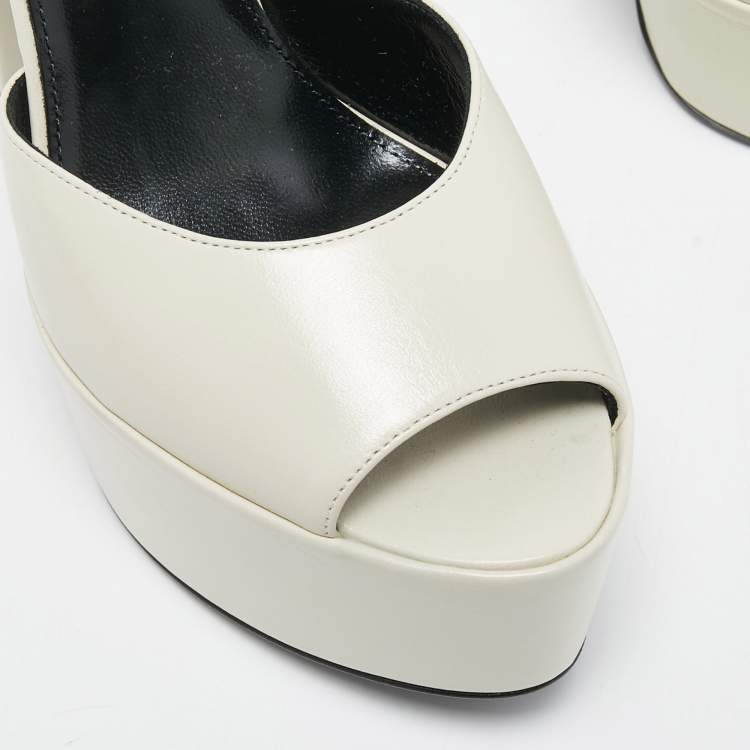 Pre Owned Saint Laurent Paris White Leather Peep Toe Platform Ankle Strap Sandals Size 38.5