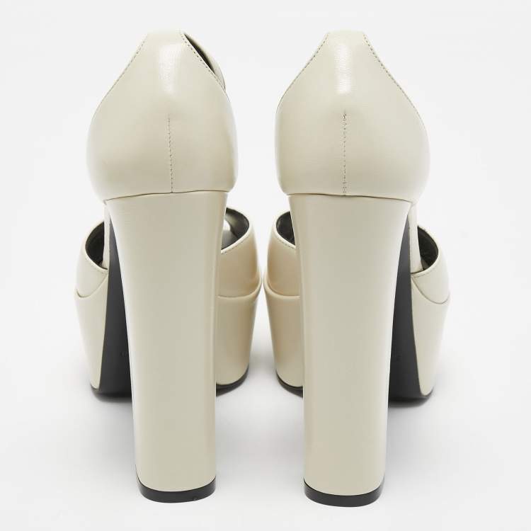 Pre Owned Saint Laurent Paris White Leather Peep Toe Platform Ankle Strap Sandals Size 38.5