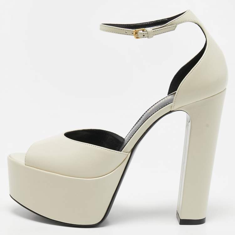 Pre Owned Saint Laurent Paris White Leather Peep Toe Platform Ankle Strap Sandals Size 38.5