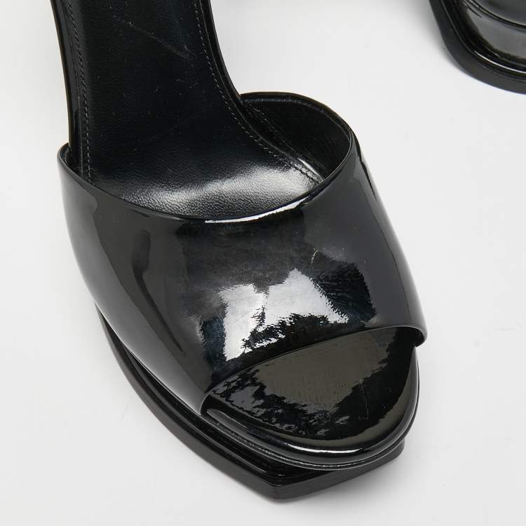 Pre Owned Saint Laurent Paris Black Patent Leather Tribute Lips Platform Ankle Strap Sandals Size 39
