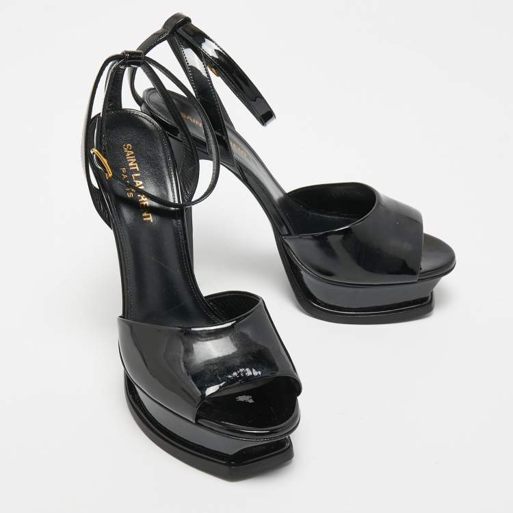 Pre Owned Saint Laurent Paris Black Patent Leather Tribute Lips Platform Ankle Strap Sandals Size 39