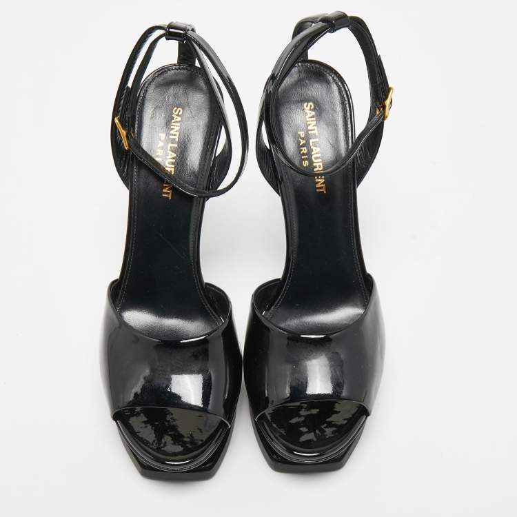 Pre Owned Saint Laurent Paris Black Patent Leather Tribute Lips Platform Ankle Strap Sandals Size 39