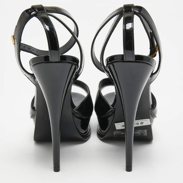 Pre Owned Saint Laurent Paris Black Patent Leather Tribute Lips Platform Ankle Strap Sandals Size 39